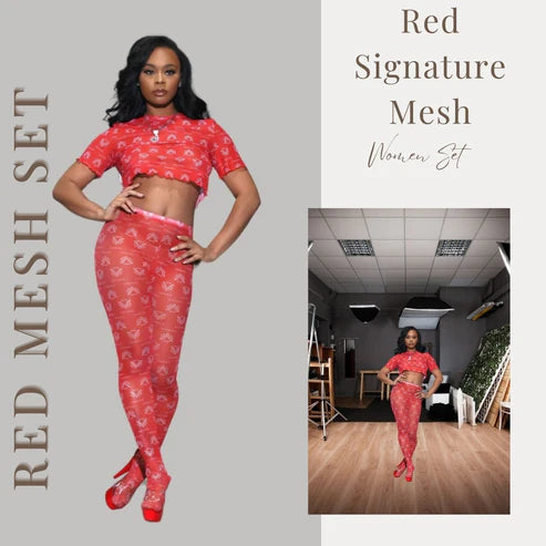 Red Signature Mesh Women Set